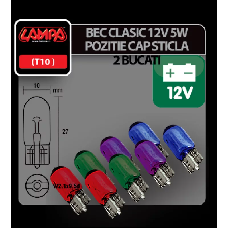 Bec poziție auto W5W 12V 5W albastru, cap sticlă W2,1x9,5d, set 2 buc