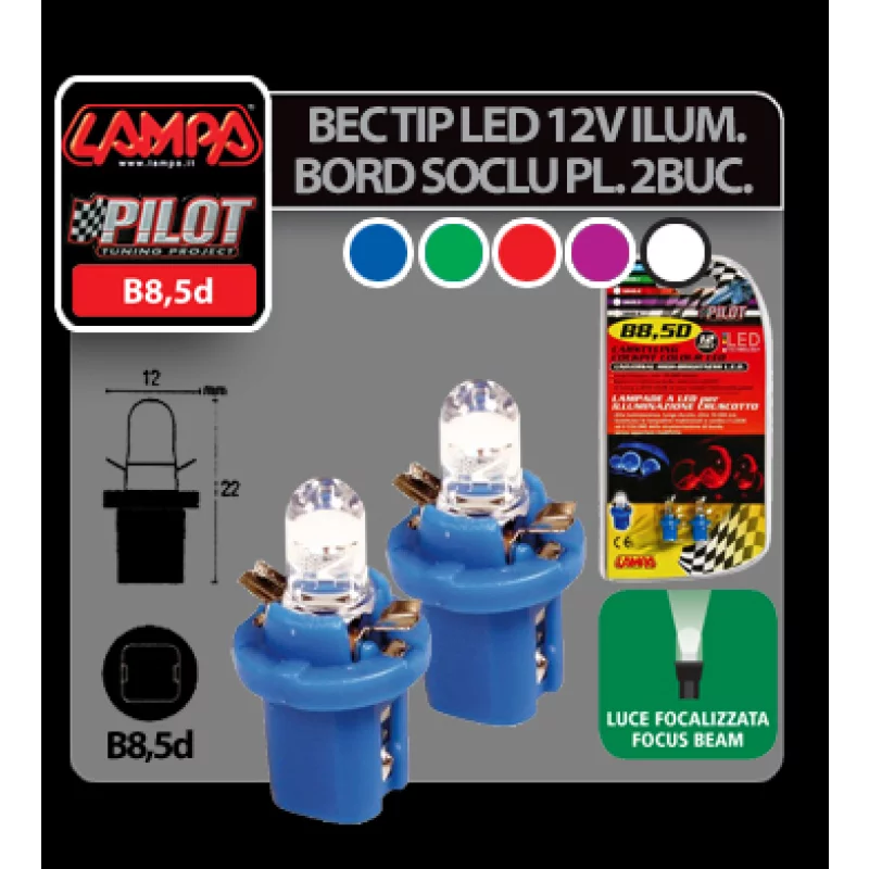 Bec LED 12V pentru iluminat bord auto, soclu B8.5d, albastru, set 2 buc