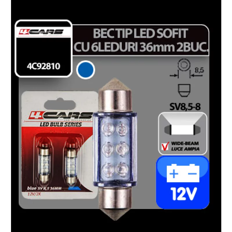 Set 2 becuri LED sofit 12V 36 mm SV8.5-8, 6 LED, albastru