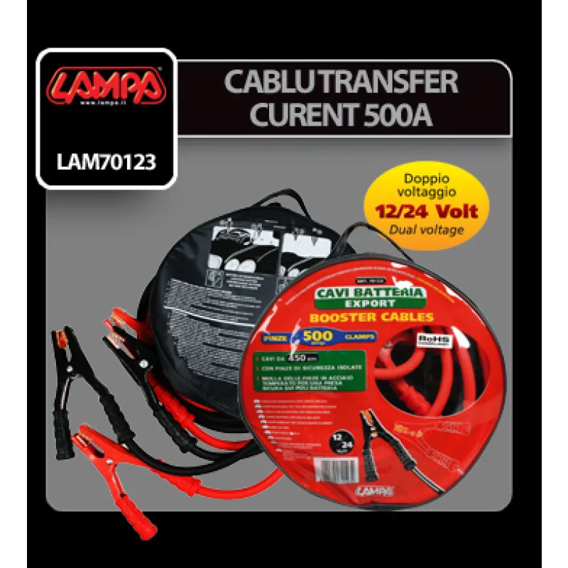 Cablu transfer curent auto 500A, 450 cm, 12/24V, set 2 bucati Lampa