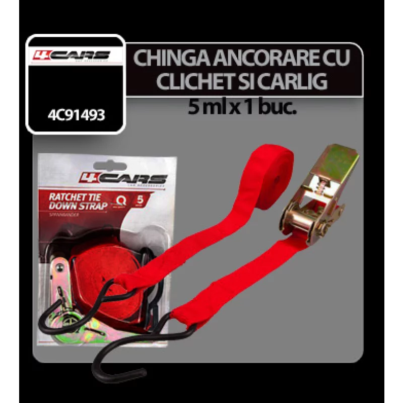Chingă de ancorare cu clichet și cârlig 4Cars, 5 m, 100 kg