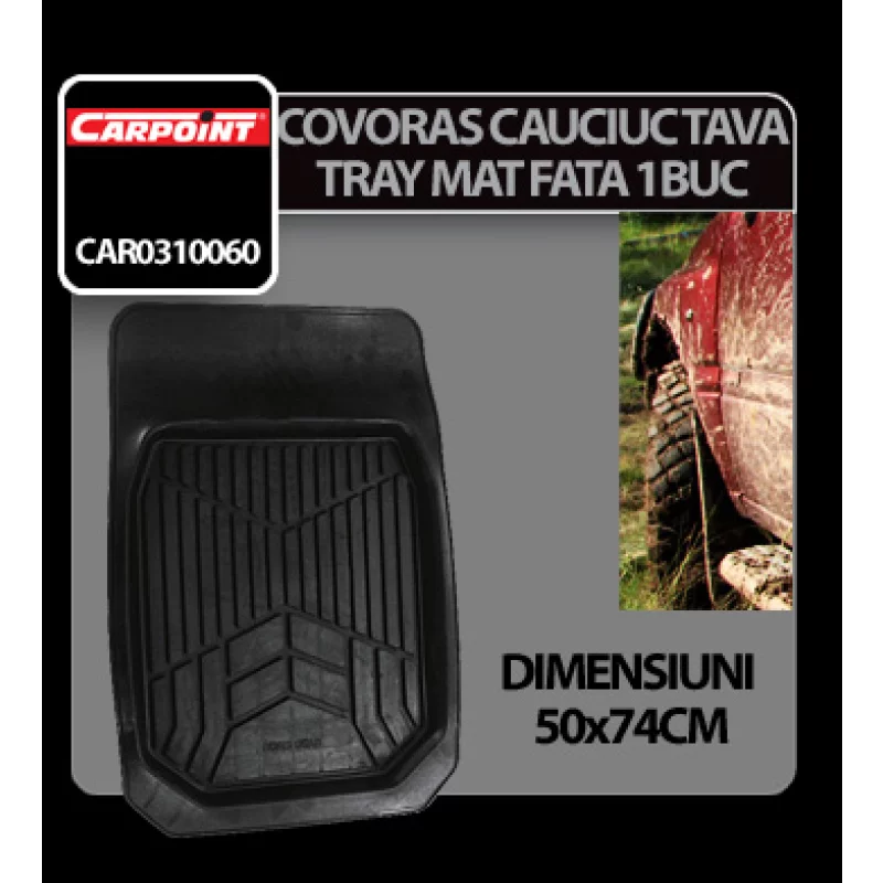 Covoras cauciuc auto fata 74x50 cm cu margini ridicate, negru