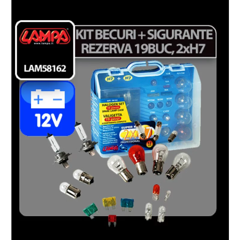 Kit becuri si sigurante auto H7 12V, 19 piese, halogen, omologare europeana