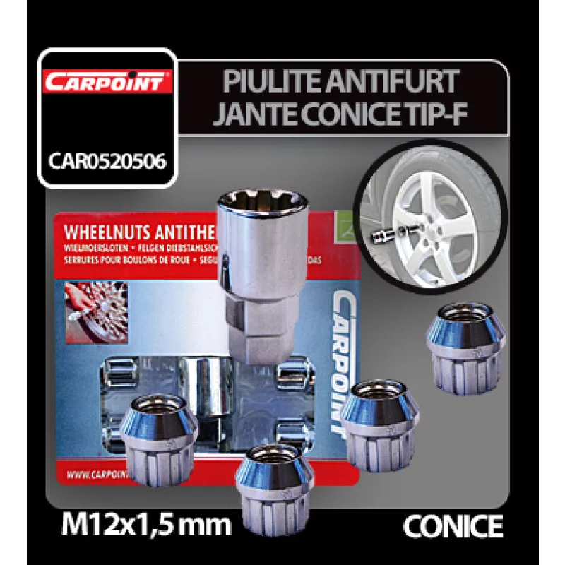 Piulițe antifurt pentru jante conice M12x1,5 mm, set 4 bucăți, Tip F