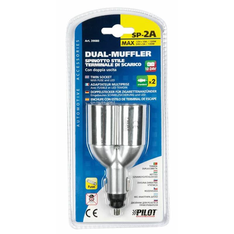 Priză dublă brichetă auto 12V Pilot cu LED și siguranță integrată