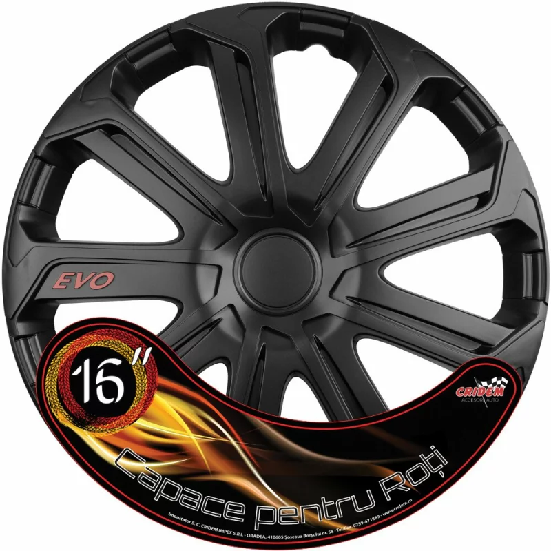 Set 4 capace roti auto Cridem Evo negre din ABS, 16 inch