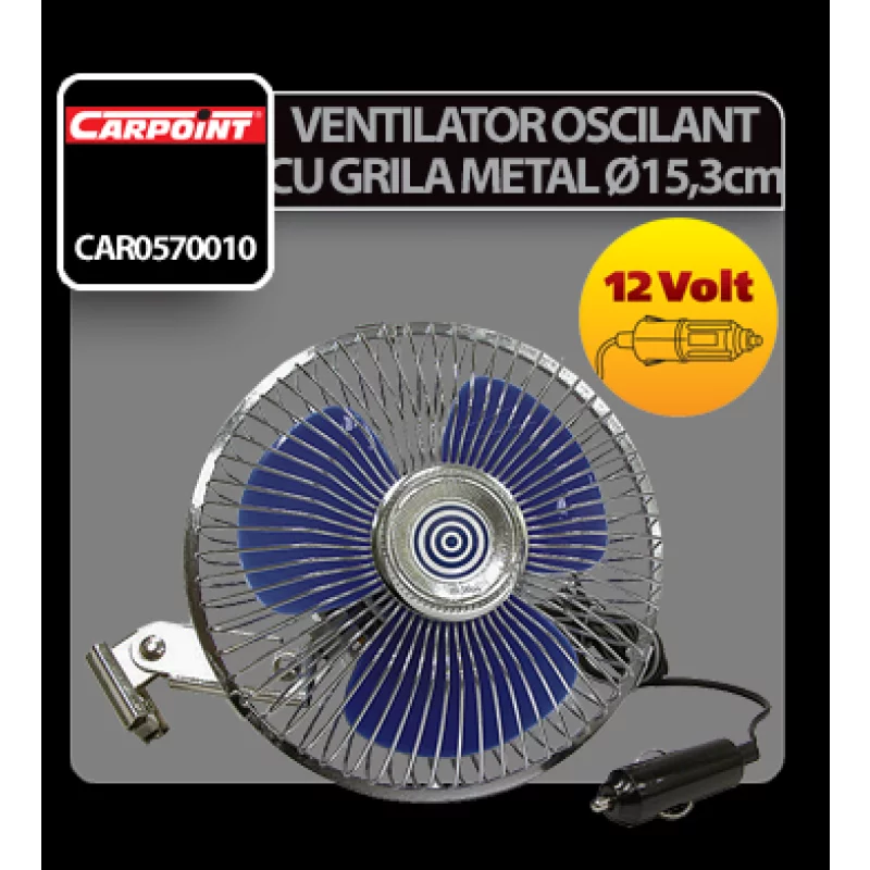 Ventilator auto oscilant Carpoint 12V cu grila metalica, diametru 15,3 cm