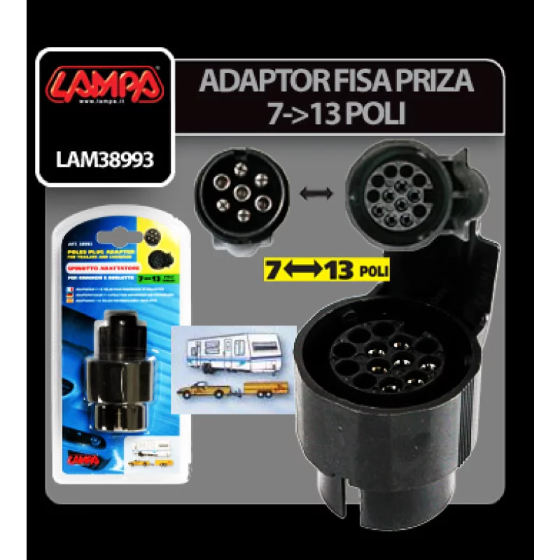 Adaptor priză remorcă 7 la 13 pini, 12V, negru, Lampa
