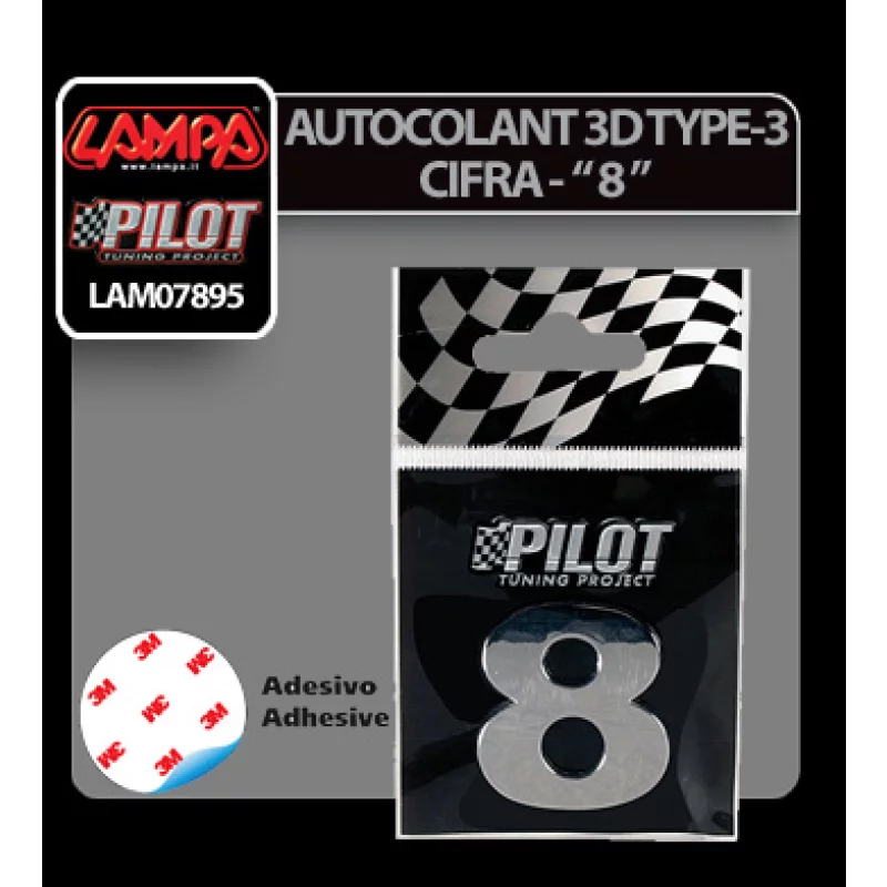 Cifra auto 3D crom 8, 28 mm, autocolant adeziv decorativ