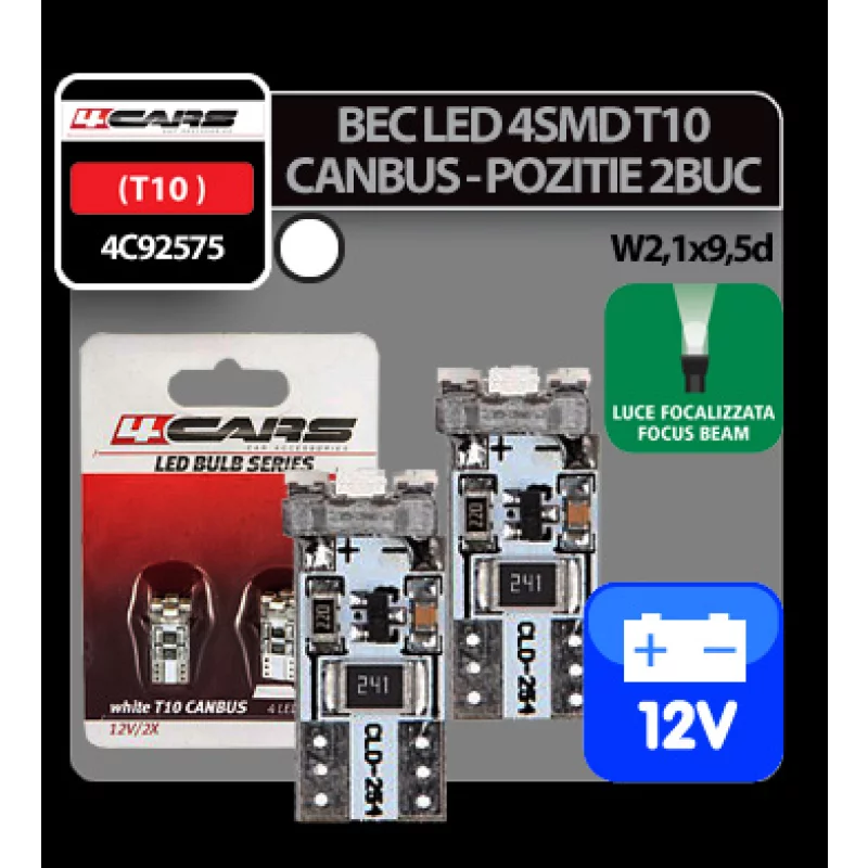 Set 2 becuri LED T10 Canbus 12V, 4 SMD, alb focalizat, 4Cars