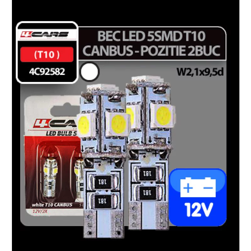Bec LED T10 Canbus 12V alb, 5 SMD, set 2 bucati 4Cars