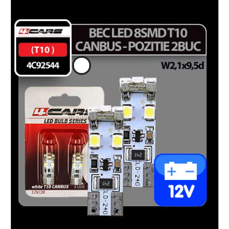 Set 2 becuri LED T10 Canbus 12V, 8 SMD, lumină albă 4Cars