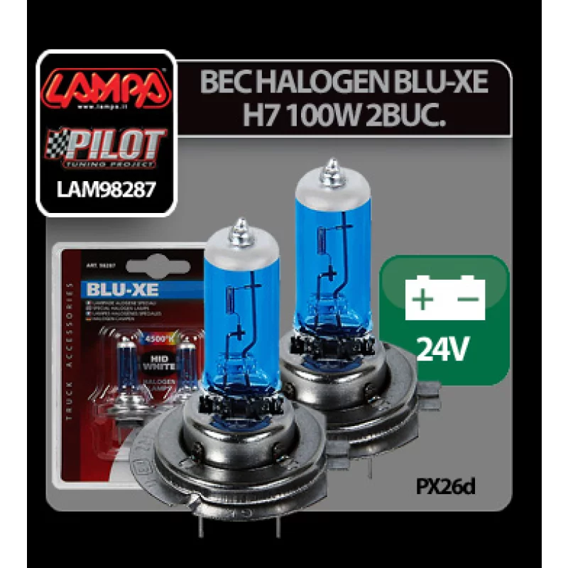 Set 2 becuri halogen auto Blu-Xe H7 100W 24V PX26d, lumină 4500K