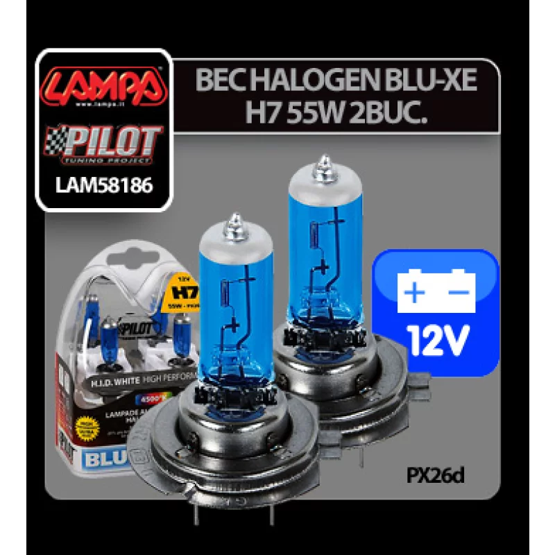 Set becuri halogen auto H7 55W 12V Blu-Xe PX26d, 2 buc
