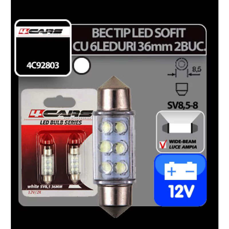 Set 2 becuri LED sofit 12V SV8.5-8 36 mm, 6 LED, lumină albă