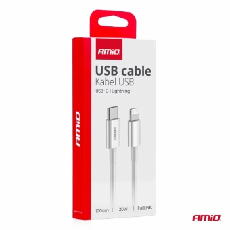 Cablu USB-C la Lightning 20W, 1m, pentru incarcare si date, Amio alb