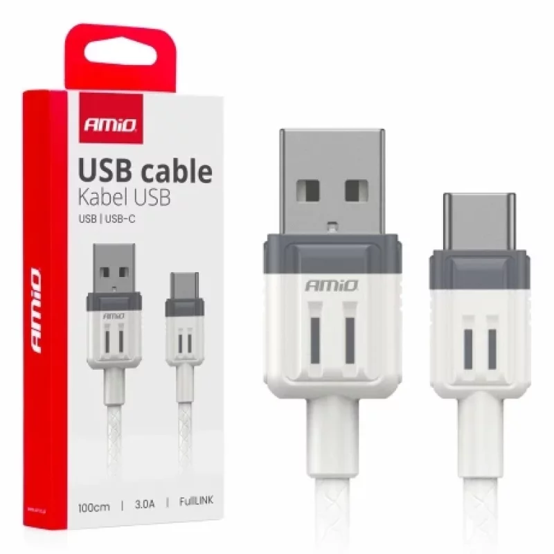 Cablu USB la USB-C 3A, 1 m, pentru incarcare si date, Amio, alb