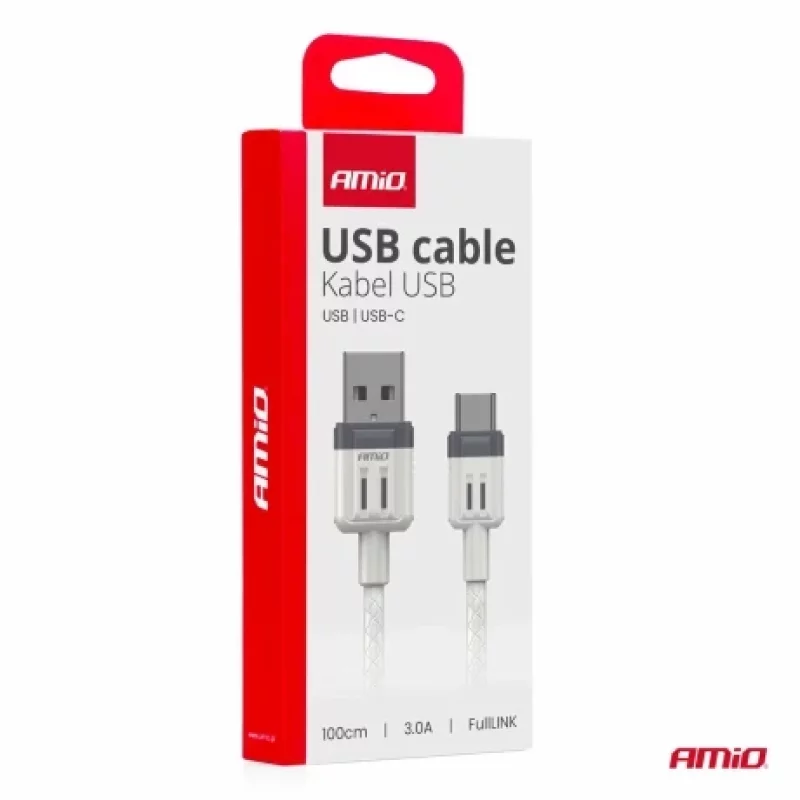 Cablu USB la USB-C 3A, 1 m, pentru incarcare si date, Amio, alb