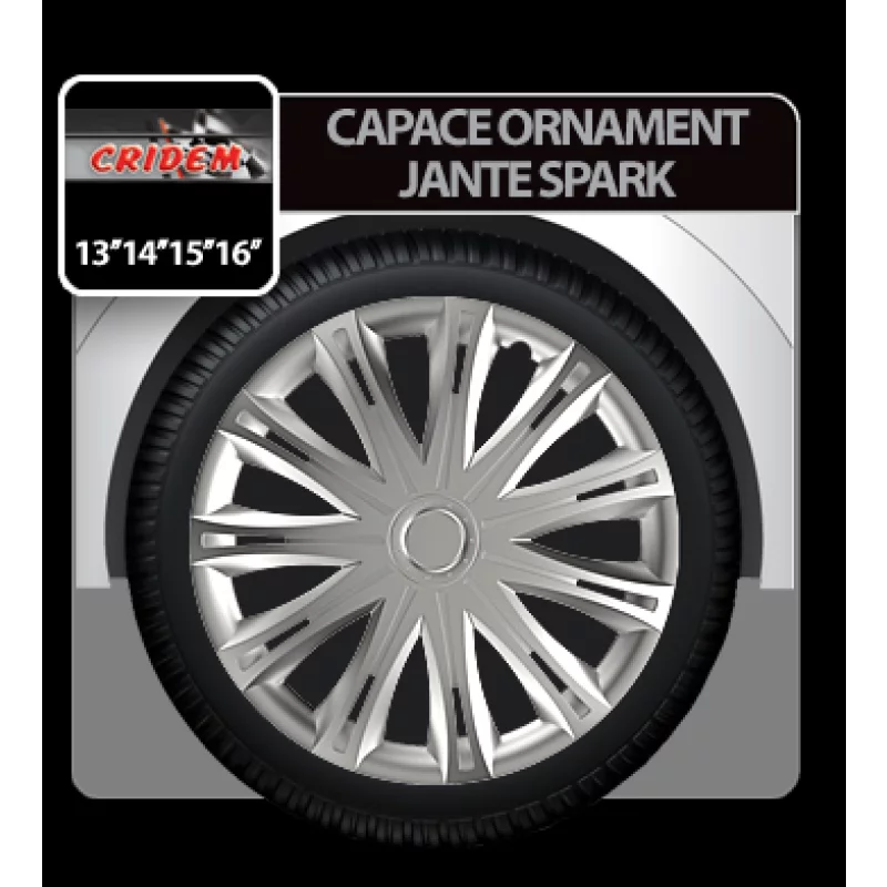 Set 4 capace roti auto Spark 15 inch, argintii, din ABS rezistent