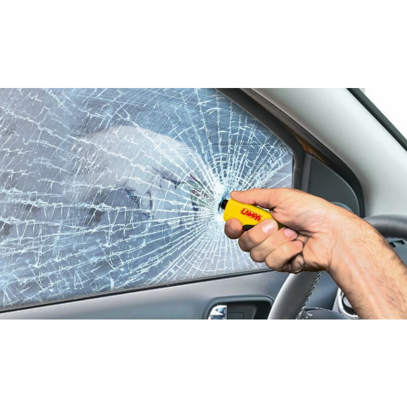 Ciocan spart geam auto 3 in 1 cu taietor centura si breloc, galben
