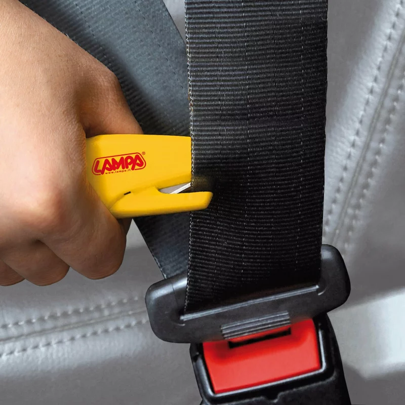 Ciocan spart geam auto 3 in 1 cu taietor centura si breloc, galben