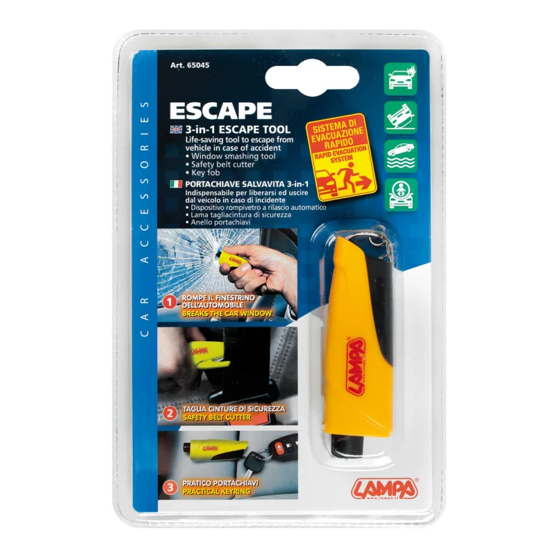 Ciocan spart geam auto 3 in 1 cu taietor centura si breloc, galben