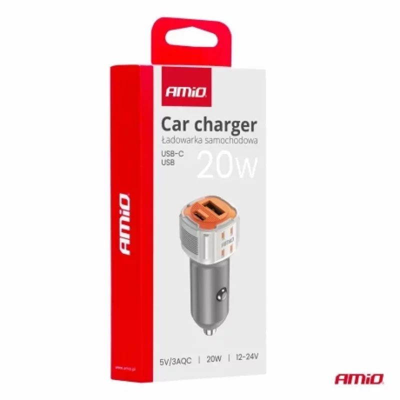 Incarcator auto rapid Amio cu USB-A si USB-C 20W pentru 12V/24V
