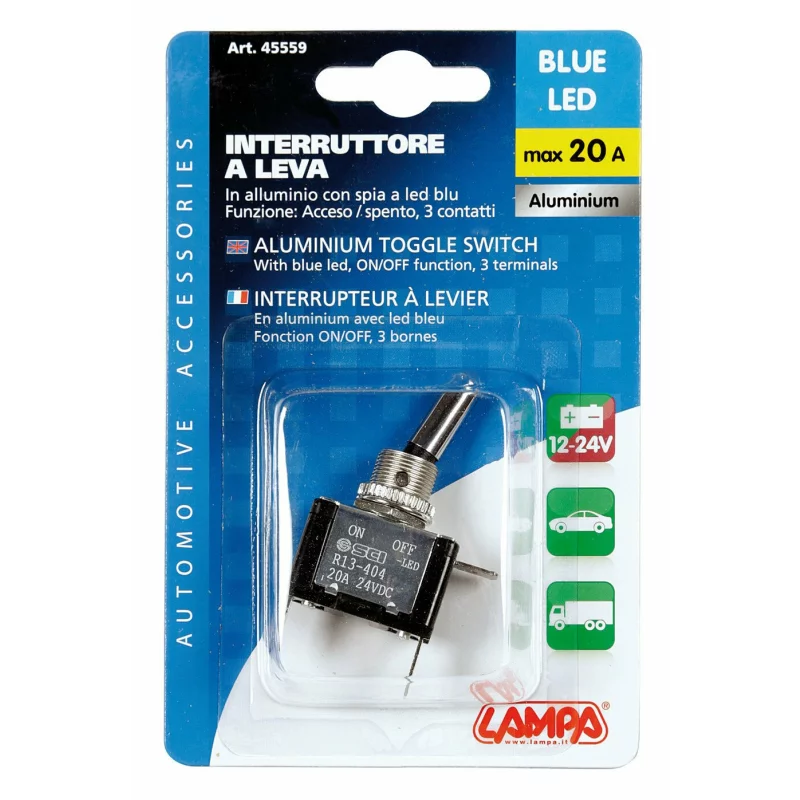 Intrerupator basculant cu LED albastru, 2 terminale, 12V, 20A
