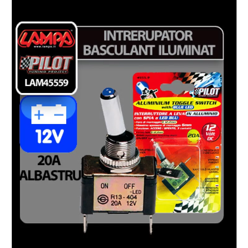 Intrerupator basculant cu LED albastru, 2 terminale, 12V, 20A