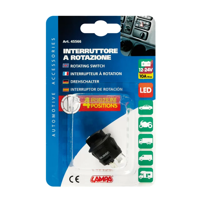 Intrerupator rotativ cu 4 pozitii 12/24V 10A cu LED, montaj ingropat