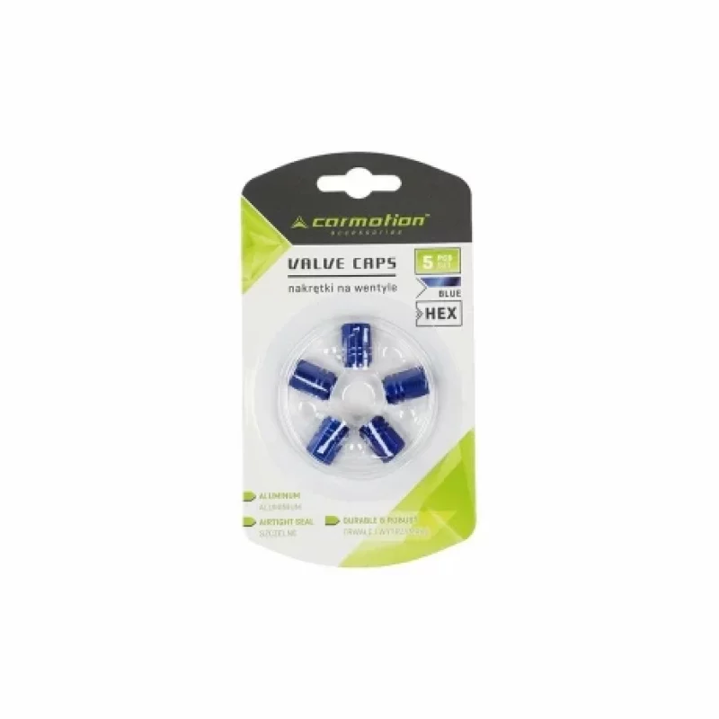 Set 5 capace valve auto hexagonale din aluminiu, albastre