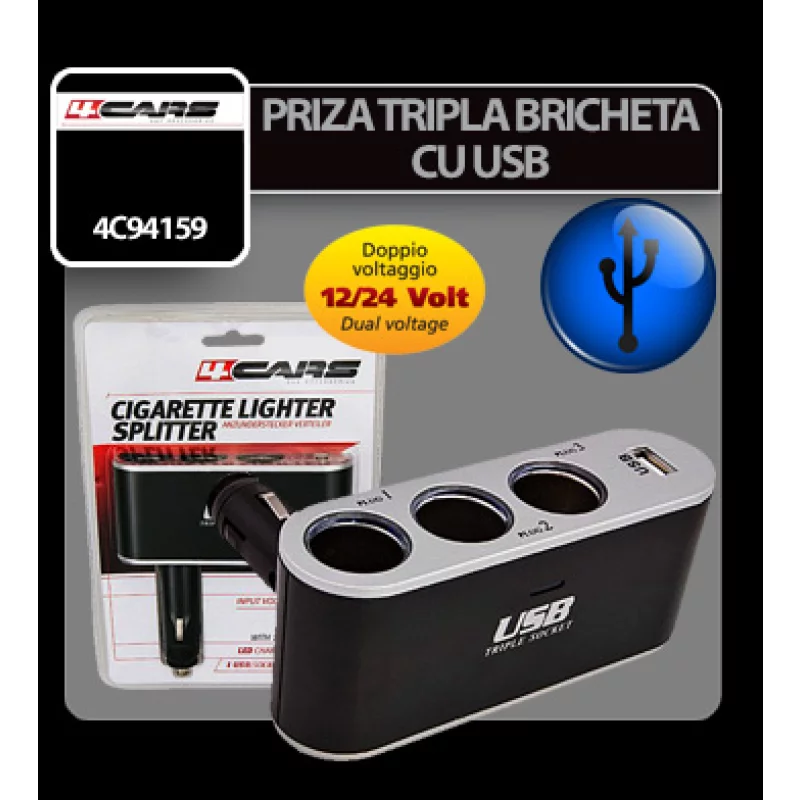 Priză triplă brichetă auto cu USB 12/24V, 10A, 4Cars