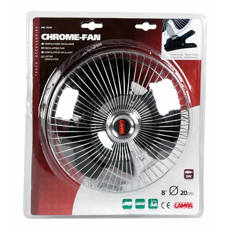 Ventilator auto oscilant 24V din metal cromat, 20 cm, cu clema