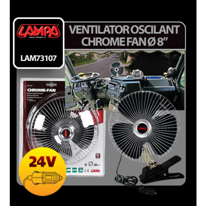 Ventilator auto oscilant 24V din metal cromat, 20 cm, cu clema