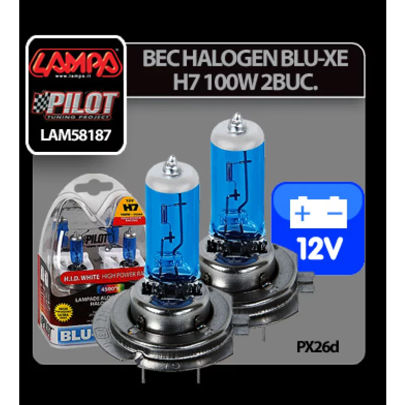 Set 2 becuri halogen auto Blu-Xe H7 100W 12V PX26d, lumină 4500K