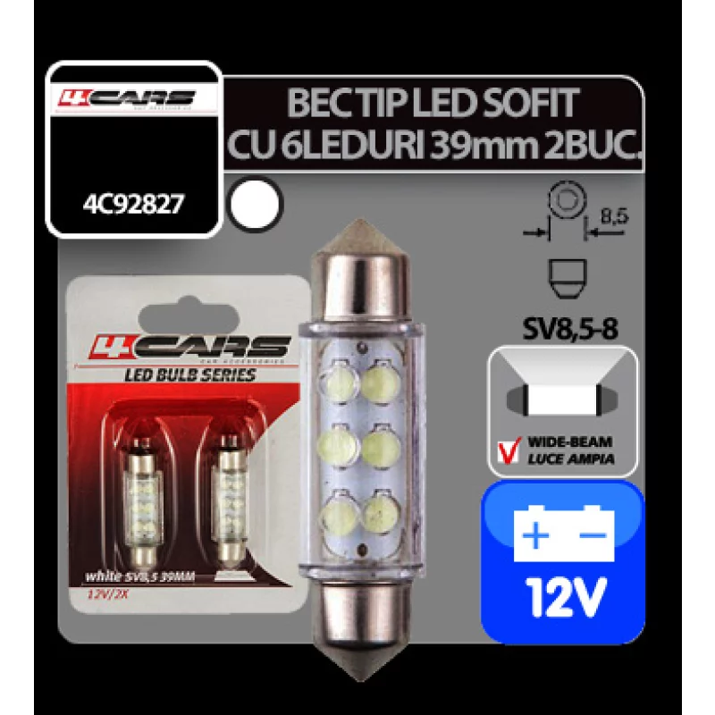 Set 2 becuri LED sofit 12V 39mm SV8.5-8, 6 LED, lumină albă