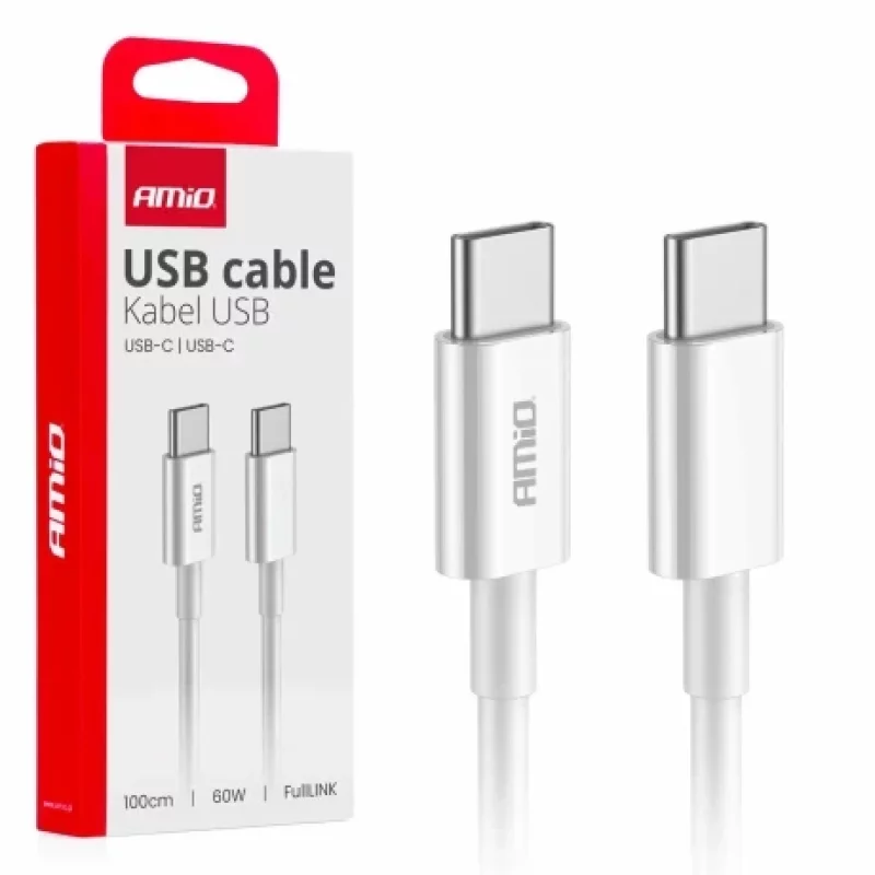 Cablu USB-C la USB-C 60W, 1 m, pentru incarcare si date, Amio, alb
