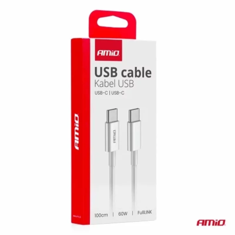 Cablu USB-C la USB-C 60W, 1 m, pentru incarcare si date, Amio, alb