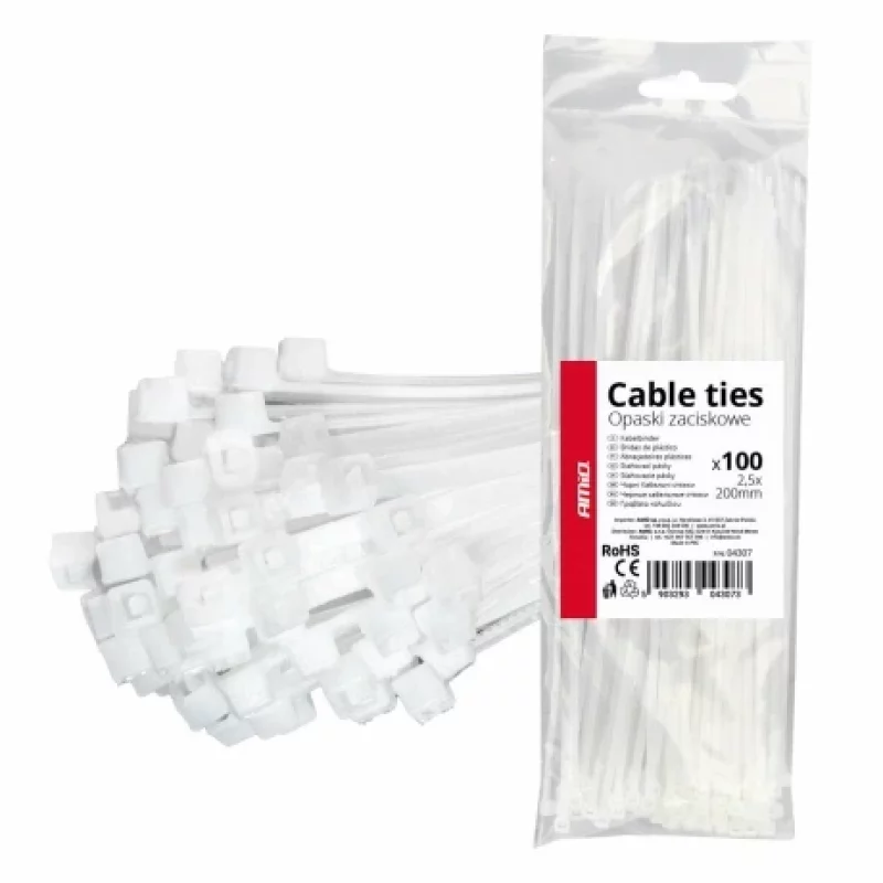 Coliere din plastic albe 2.5x200 mm, 100 bucati, pentru cabluri