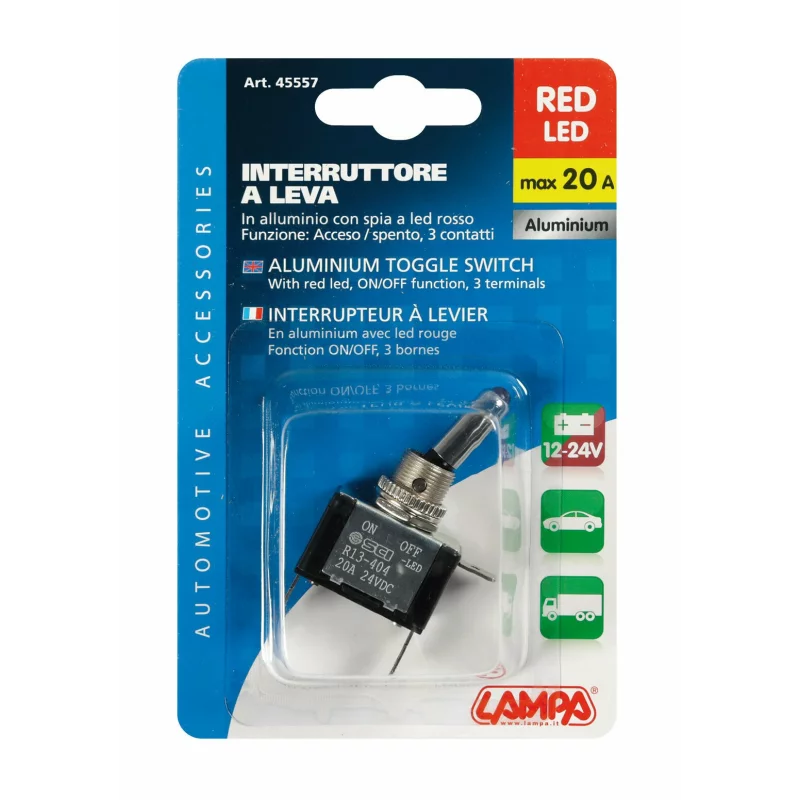 Intrerupator basculant cu LED rosu, 2 terminale, 12V, 20A