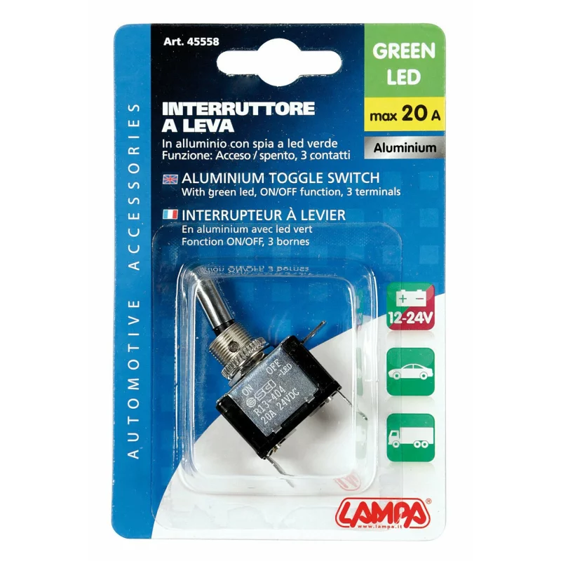 Întrerupător basculant cu LED verde, 2 terminale, 12V, 20A
