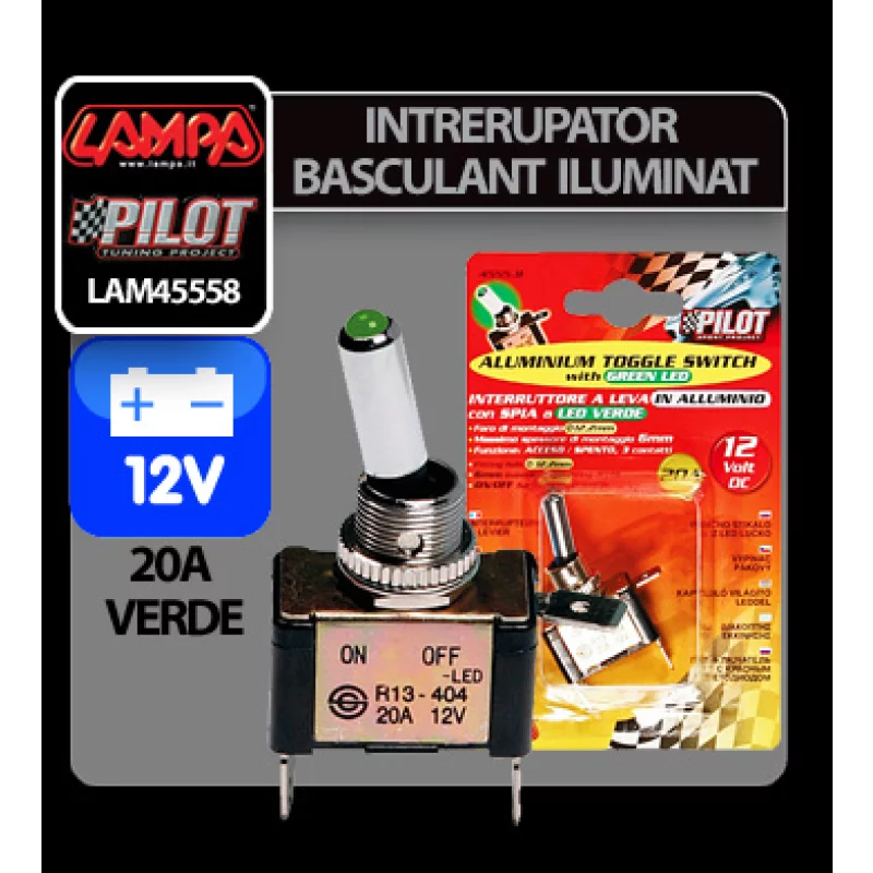 Întrerupător basculant cu LED verde, 2 terminale, 12V, 20A