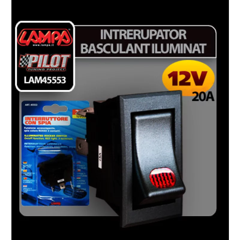 Intrerupator basculant iluminat 12V 20A pentru panou auto, Lampa