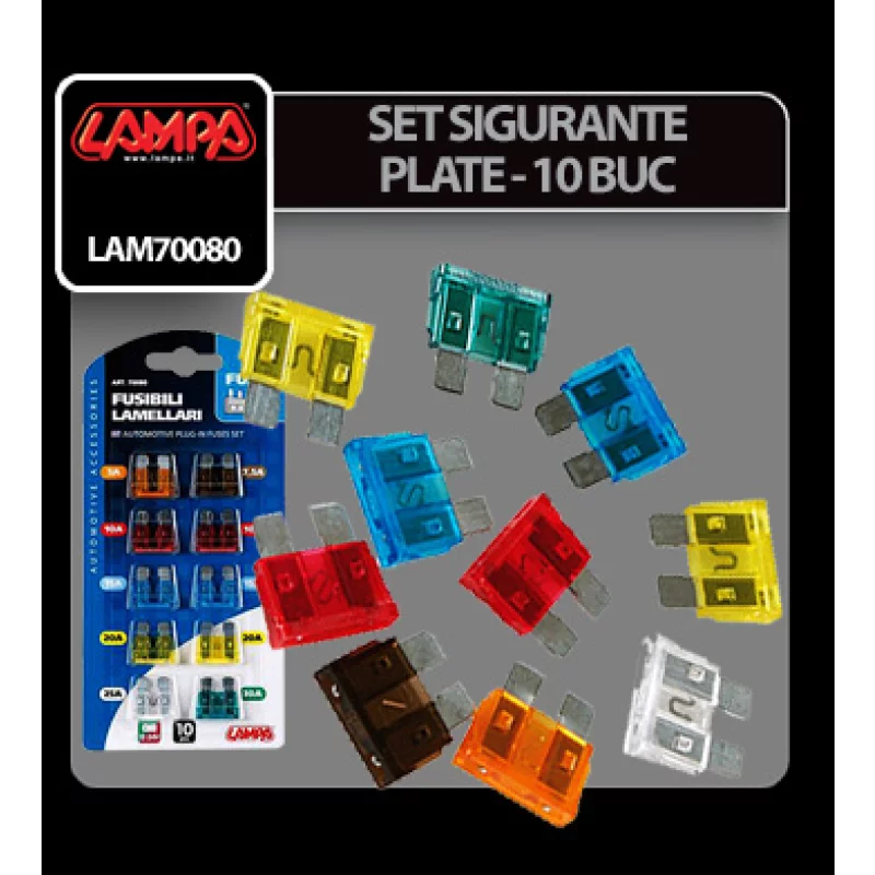 Set sigurante plate auto 10 buc cu amperaje mixte, Lampa