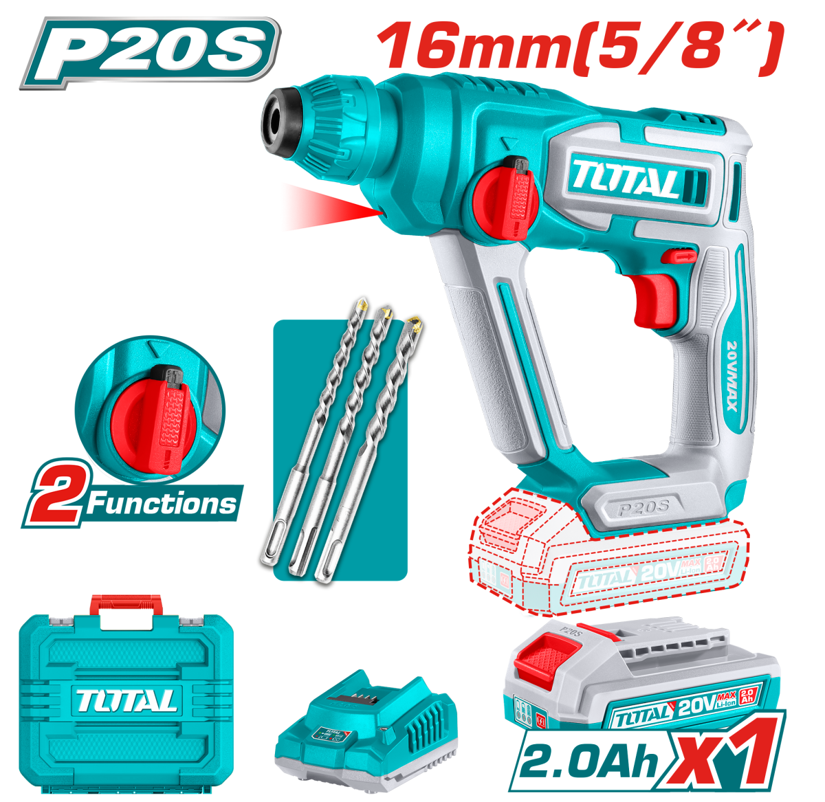 Ciocan rotopercutor TOTAL 20V Li-Ion SDS Plus 16 mm cu acumulator si incarcator