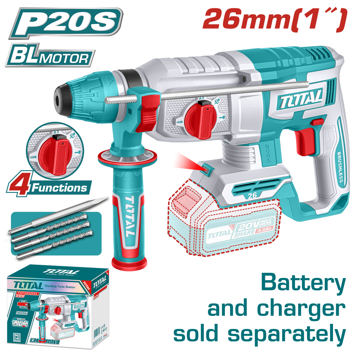 Ciocan rotopercutor TOTAL 20V Li-Ion SDS Plus 2.5J, fara acumulator