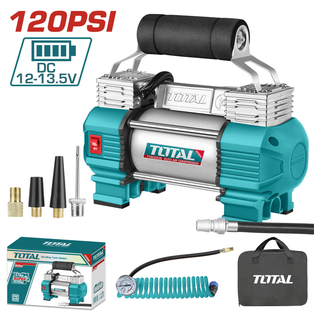 Compresor auto 12V TOTAL, 8 bar, dublu cilindru, 45 l/min