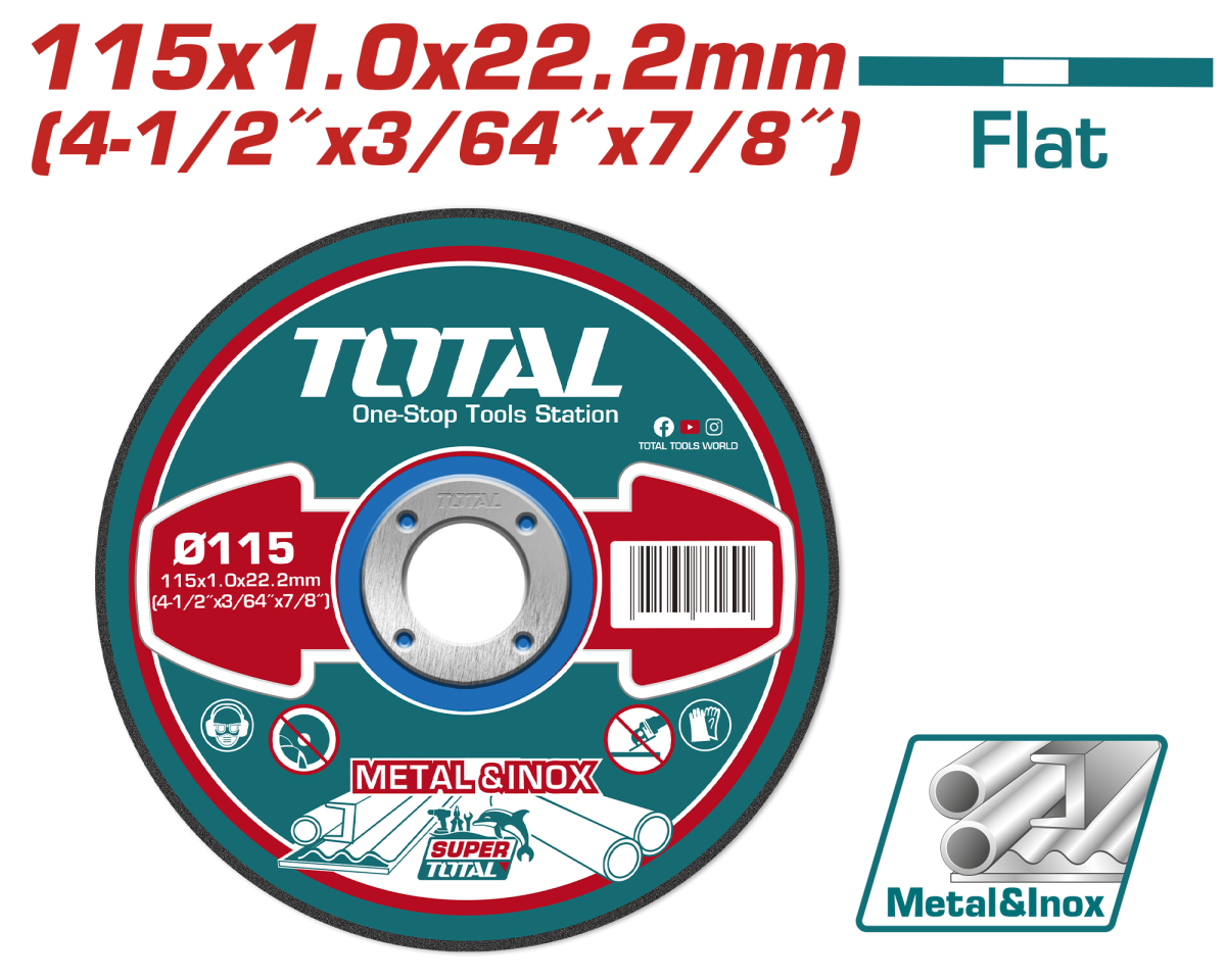 Disc de debitare metal si inox TOTAL 115 x 1,0 x 22,2 mm, plat