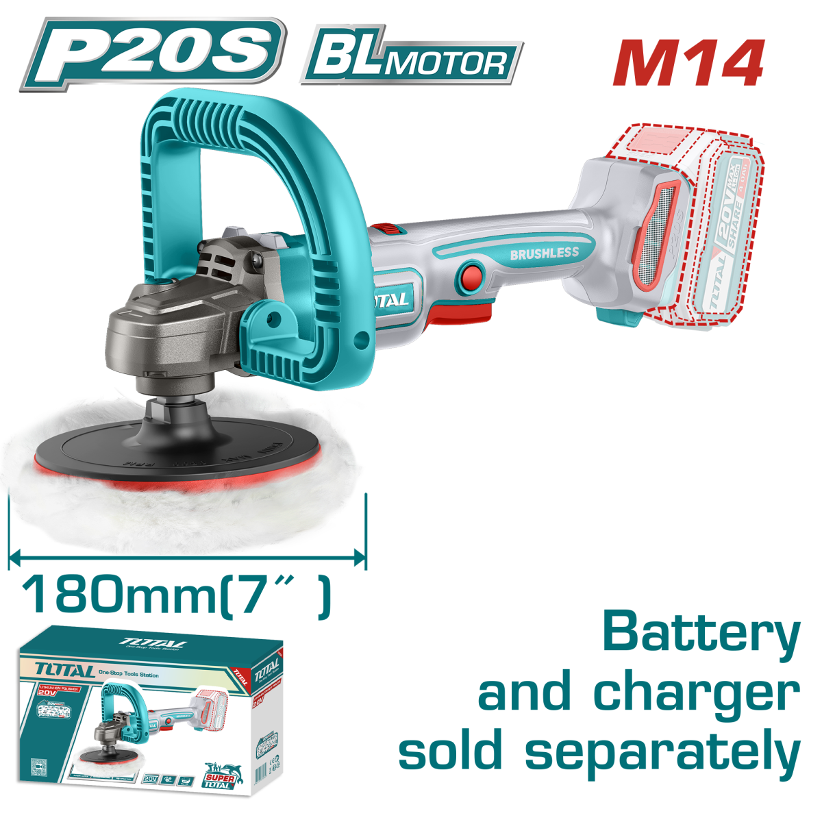 Masina de polisat TOTAL 20V, 180 mm, motor fara perii, fara acumulator
