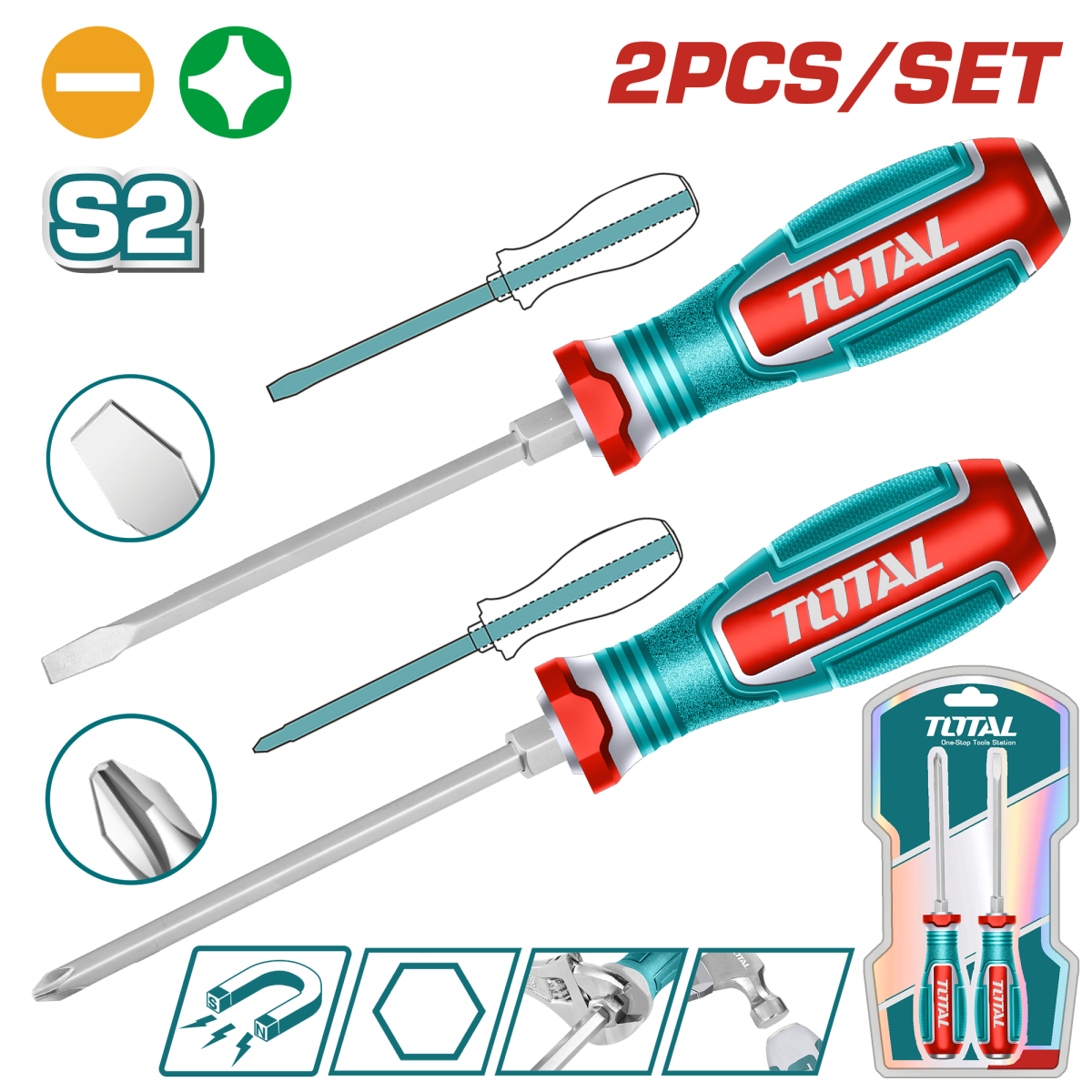 Set 2 surubelnite impact TOTAL din otel S2, 125 mm, SL6.5 + PH2